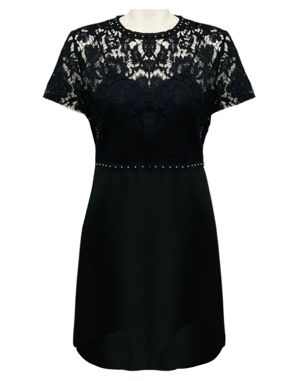 VALENTINO BLACK / GOLD STUDDED SHORT SLEEVED LACE AND CREPE COCKTAIL DRESS